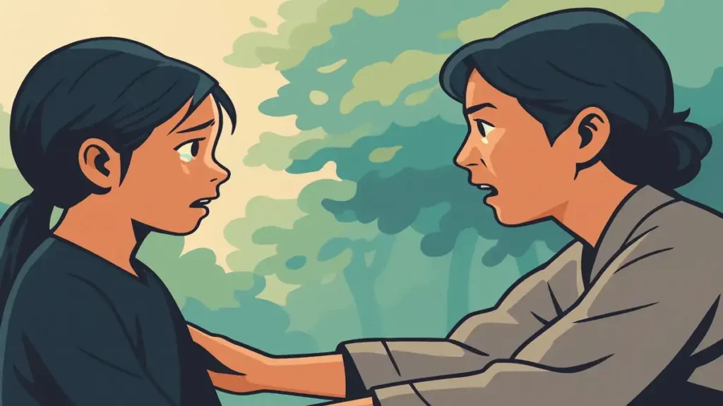 Ae-soon is rescued by her mother just moments before a kidnapping could occur, in a tense village alley scene.