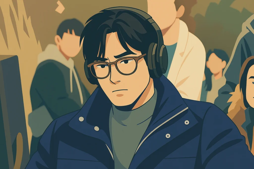 A film director wearing headphones intently watches an actor’s performance on a monitor.