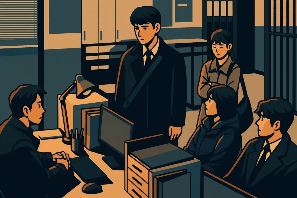 Mi-ji, Mi-rae, and Ho-su appear before a detective at the police station with Park Sang-young.