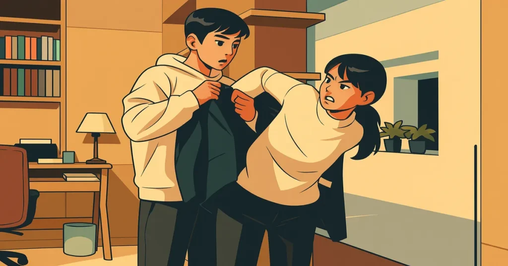 Mi-ji hurries to avoid being late, while Ho-su helps her get ready.