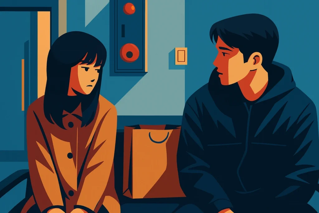 Mi-ji and Ho-su sitting across from each other at a table, chatting softly in a calm atmosphere.