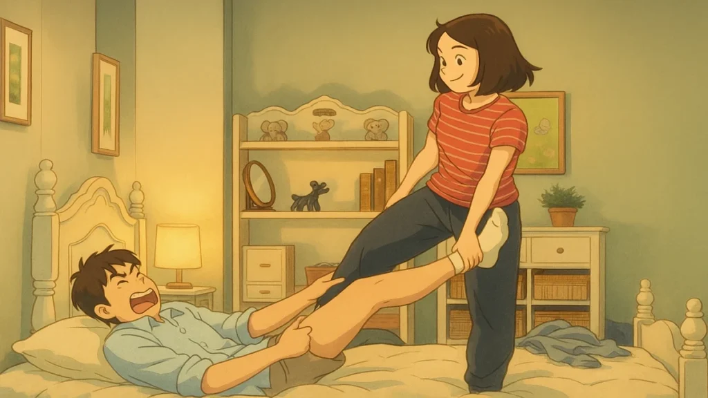 A playful woman pins a man down on a bed, teasing him confidently as he looks flustered and helpless.