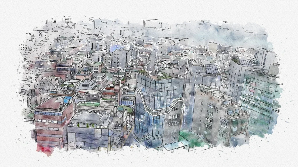 Watercolor painting of a dense city skyline filled with tall buildings and urban scenery.