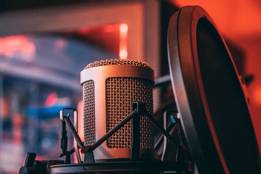 Close-up photo of a metal microphone