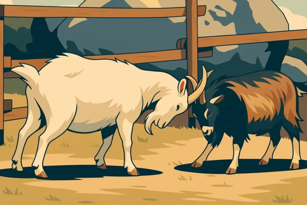 Two goats locking horns in a fight — one white, the other mottled with black and brown.