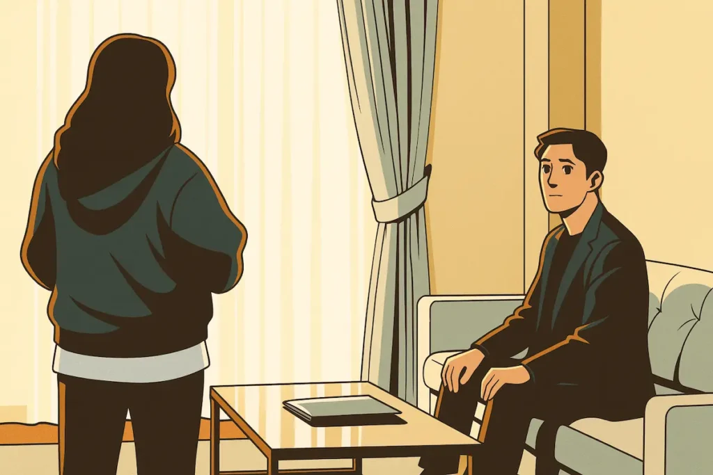 Two-shot of Lee Ro-woom and Han Moo-young — Ro-woom stands with her back turned, while Moo-young sits on a sofa, seen from the side.