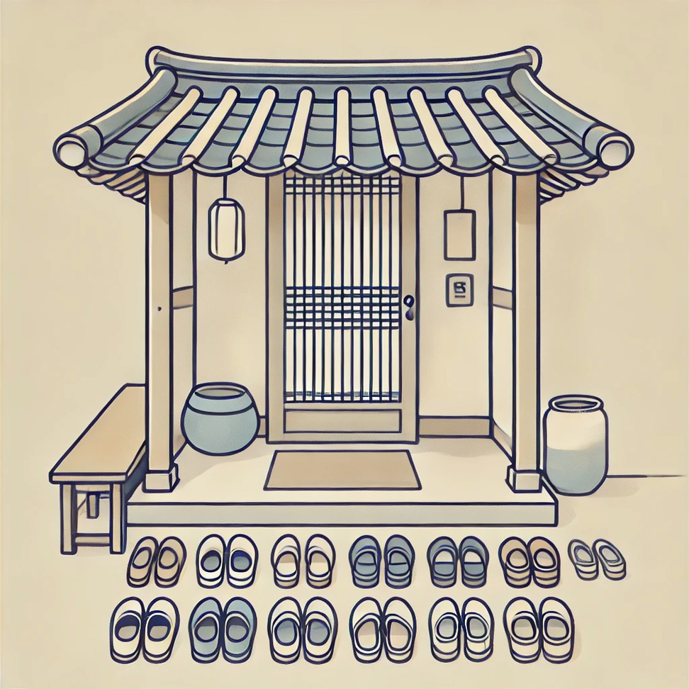 Neatly arranged shoes in front of an old Korean hanok entrance.
