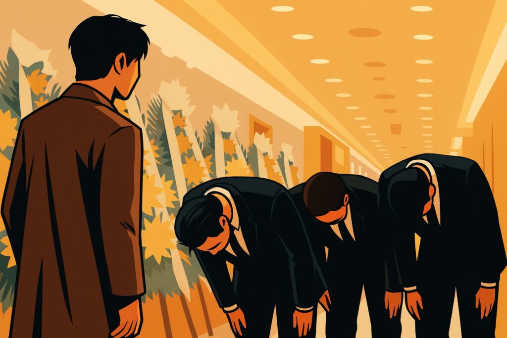 AI illustration of gang members bowing 90 degrees toward their boss.